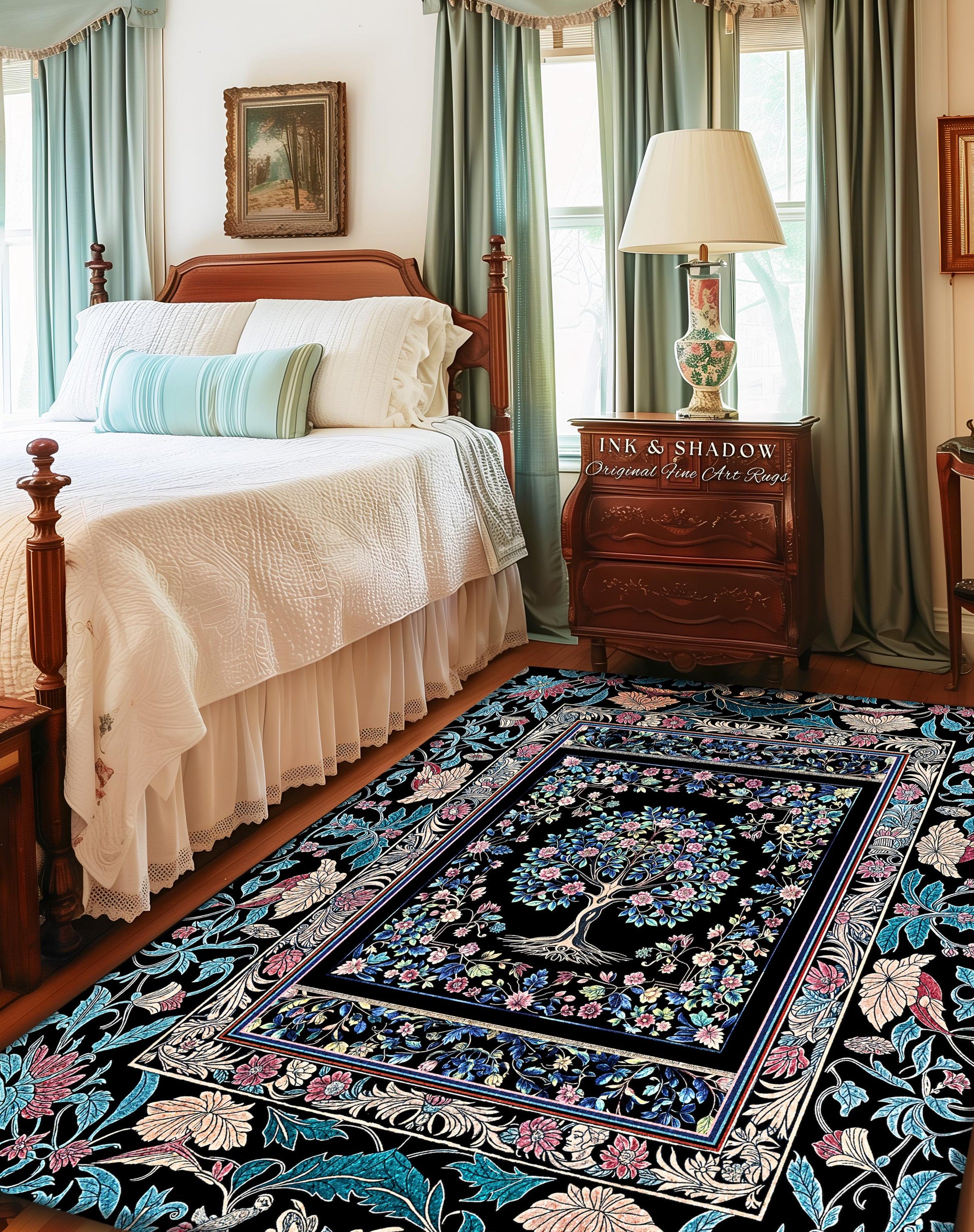 Timeless Folklore Tree Accent Rug | Gothic Floral Medieval Ornate Nature Motif Romantic Garden Aesthetic Tapestry Decor Maximalist Home |