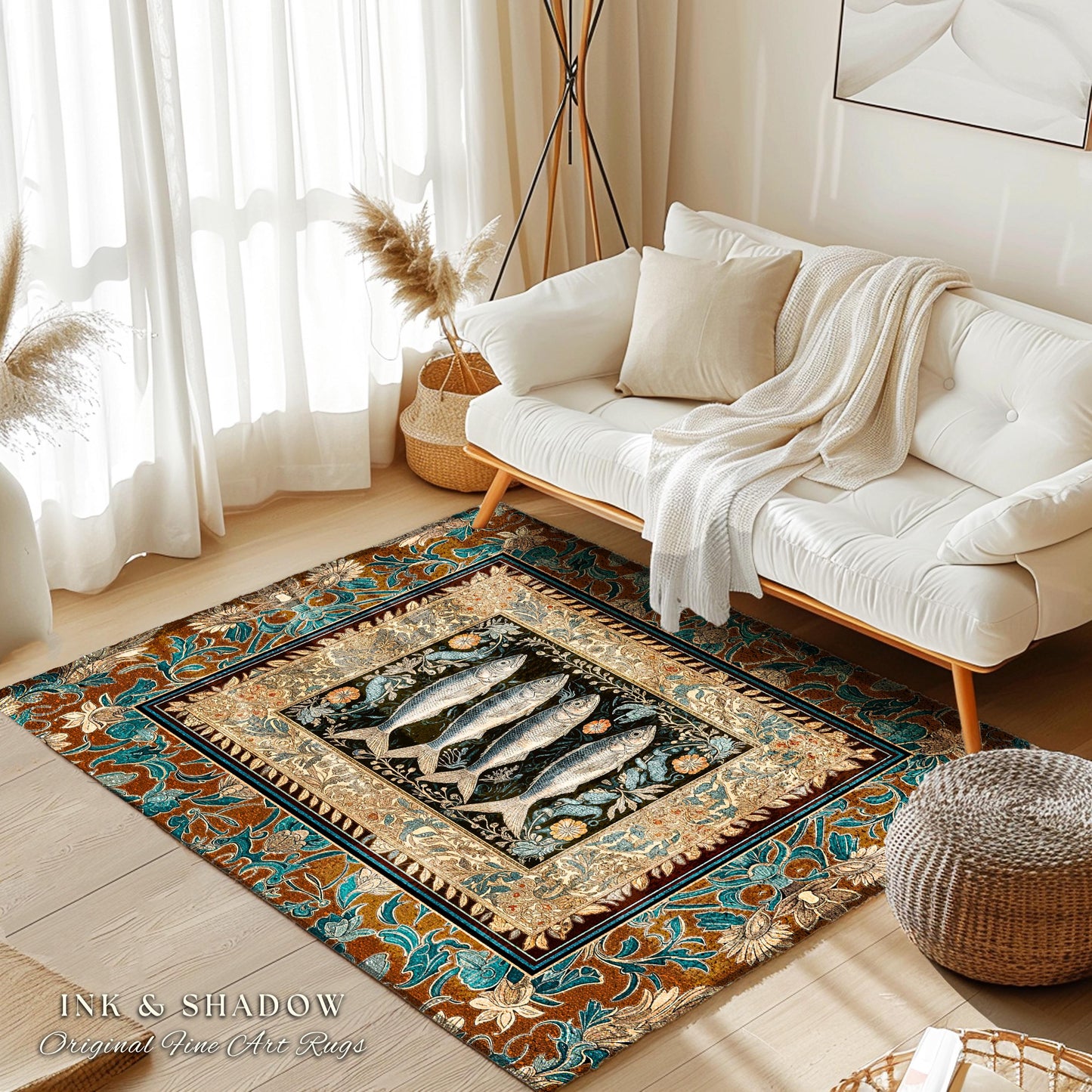 Rustic Coastal Sardine Fish Area Rug | Vintage Maritime Art Decor Mystical Oceanic Boho Beach House Accent Nautical Cottagecore Aesthetic |