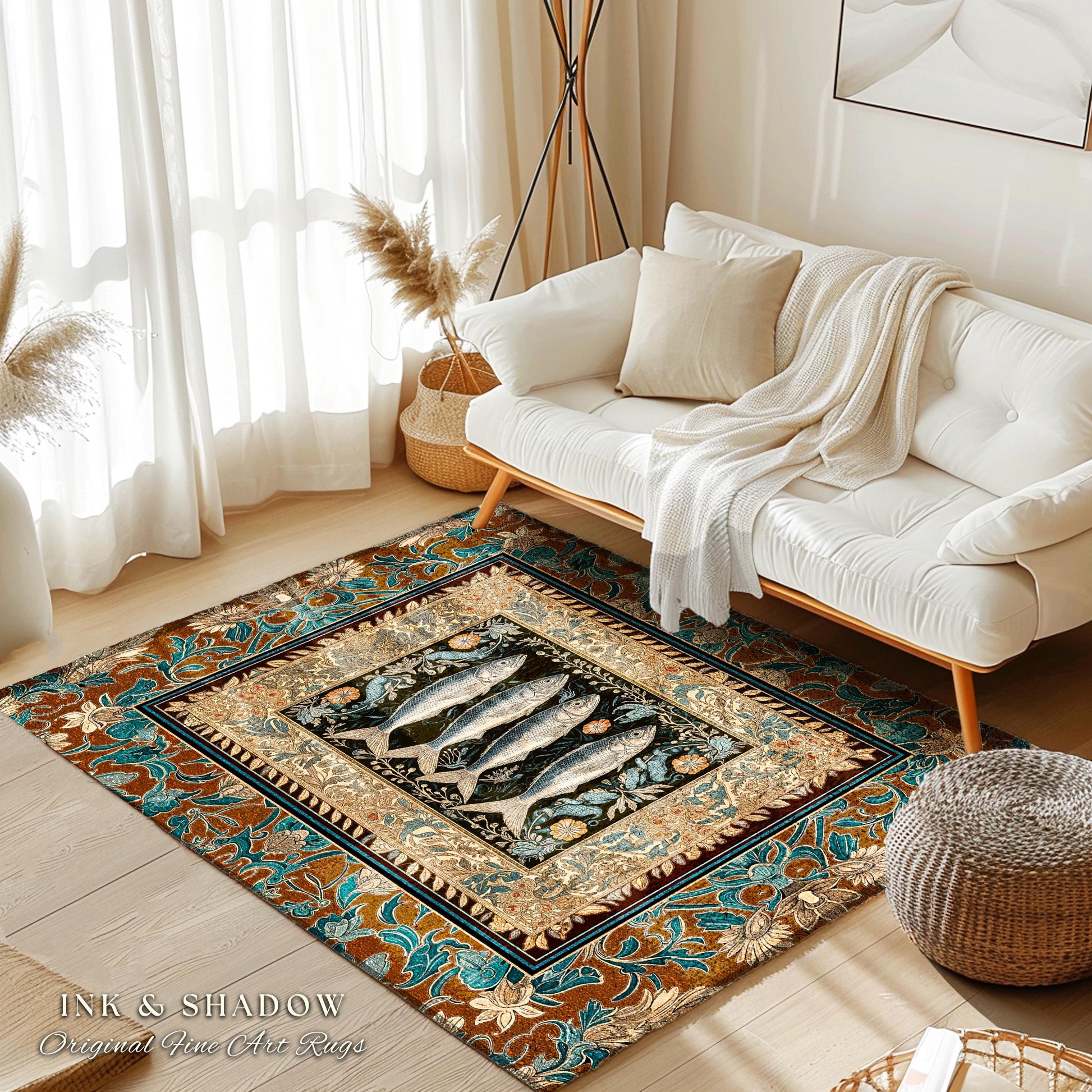 Rustic Coastal Sardine Fish Area Rug | Vintage Maritime Art Decor Mystical Oceanic Boho Beach House Accent Nautical Cottagecore Aesthetic |