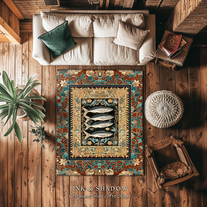 Rustic Coastal Sardine Fish Area Rug | Vintage Maritime Art Decor Mystical Oceanic Boho Beach House Accent Nautical Cottagecore Aesthetic |