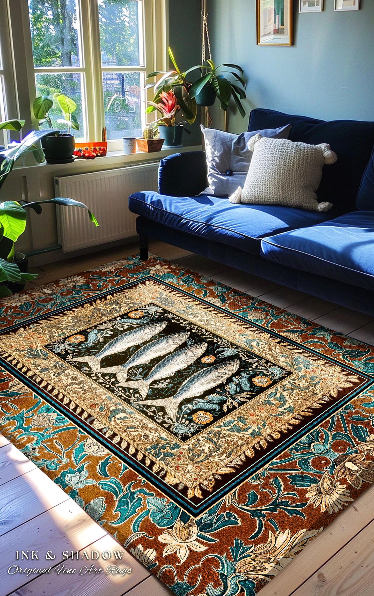 Rustic Coastal Sardine Fish Area Rug | Vintage Maritime Art Decor Mystical Oceanic Boho Beach House Accent Nautical Cottagecore Aesthetic |