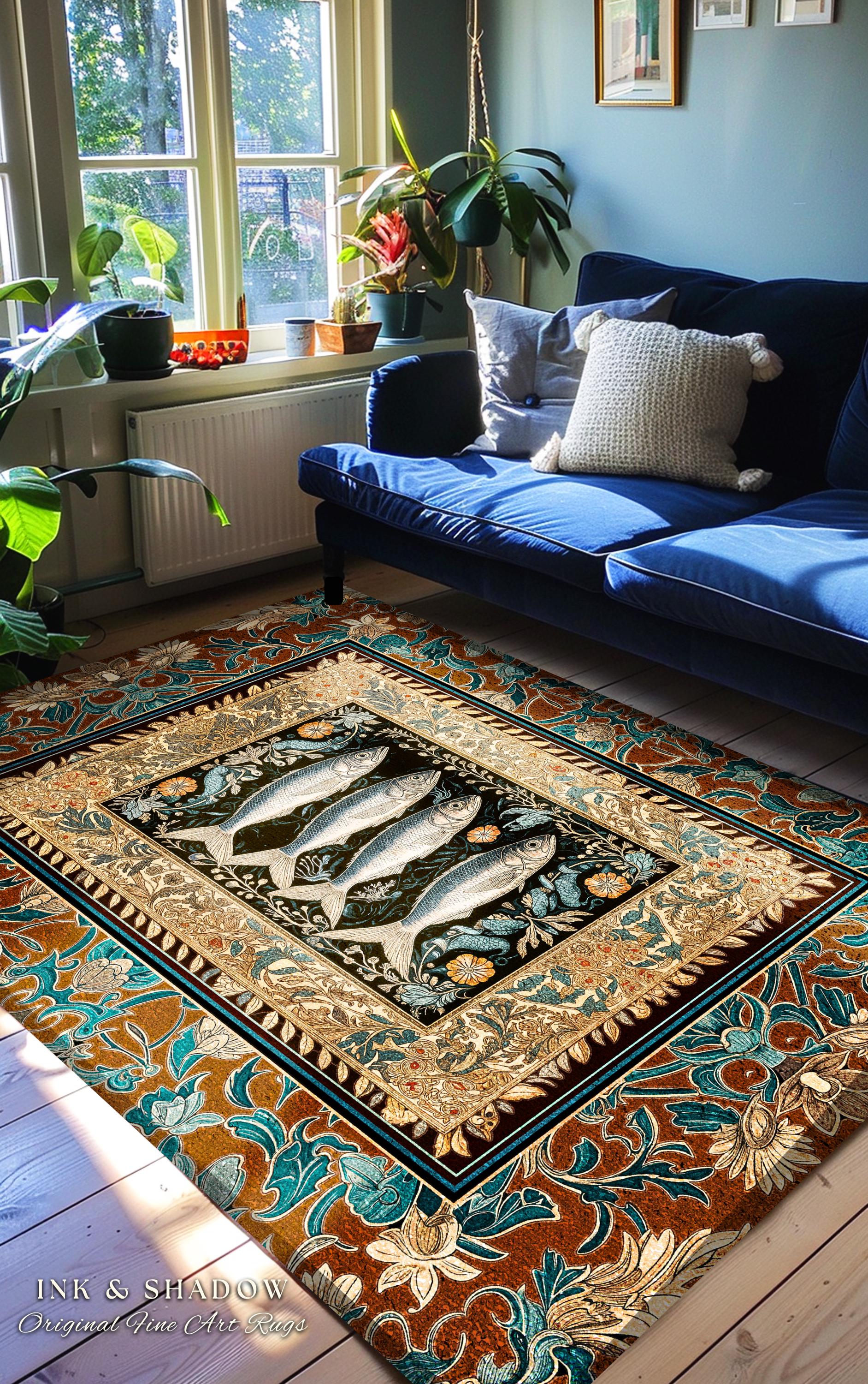 Rustic Coastal Sardine Fish Area Rug | Vintage Maritime Art Decor Mystical Oceanic Boho Beach House Accent Nautical Cottagecore Aesthetic |