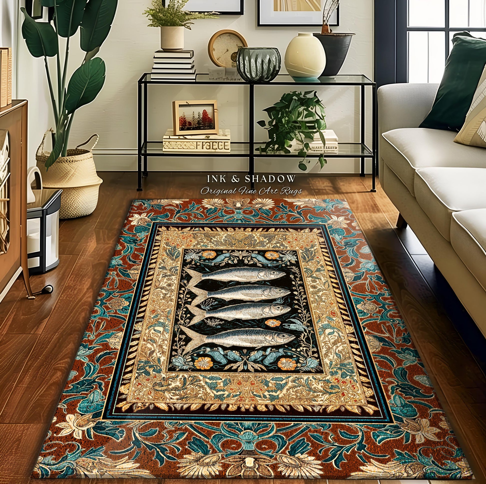 Rustic Coastal Sardine Fish Area Rug | Vintage Maritime Art Decor Mystical Oceanic Boho Beach House Accent Nautical Cottagecore Aesthetic |