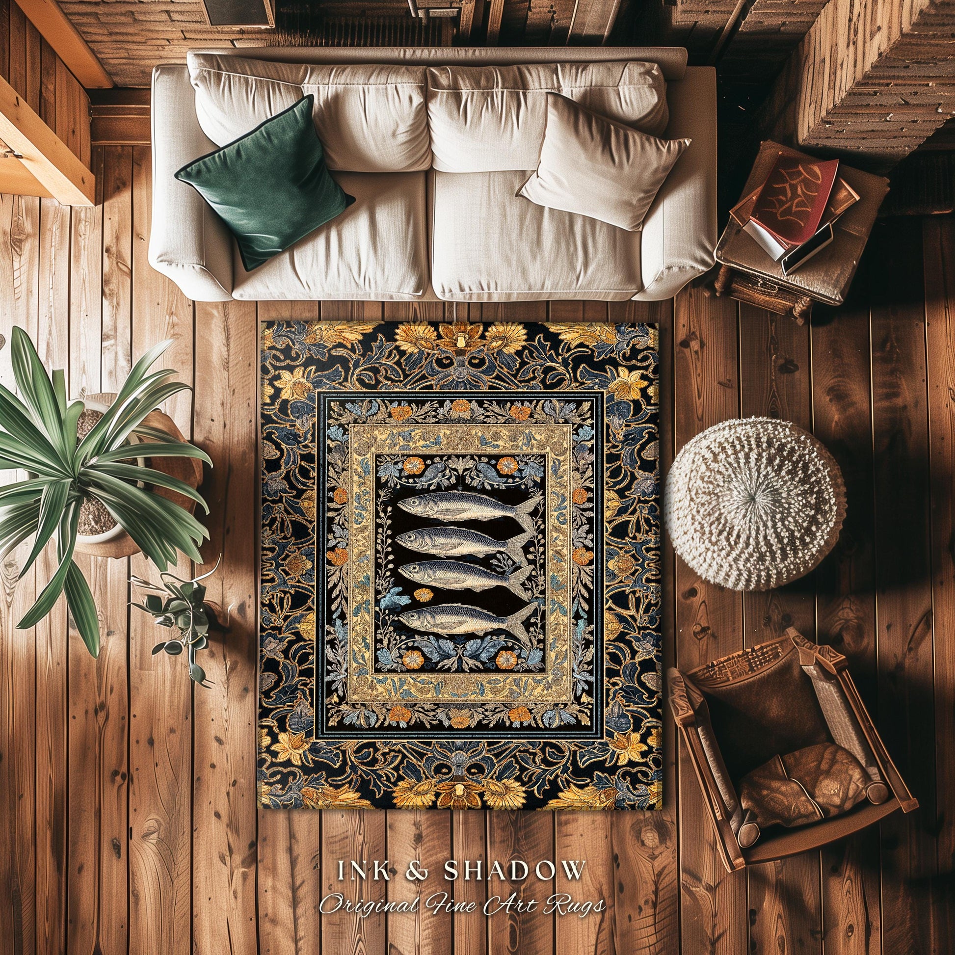 Art Nouveau Nautical Sea Life Area Rug | Whimsical Ocean Sardine Fish Rug Coastal Dark Academia Rustic Cottagecore Beach Home Decor Ornate |