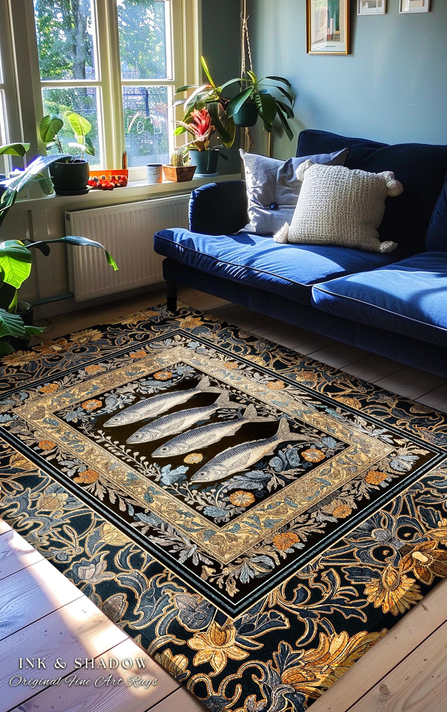 Art Nouveau Nautical Sea Life Area Rug | Whimsical Ocean Sardine Fish Rug Coastal Dark Academia Rustic Cottagecore Beach Home Decor Ornate |