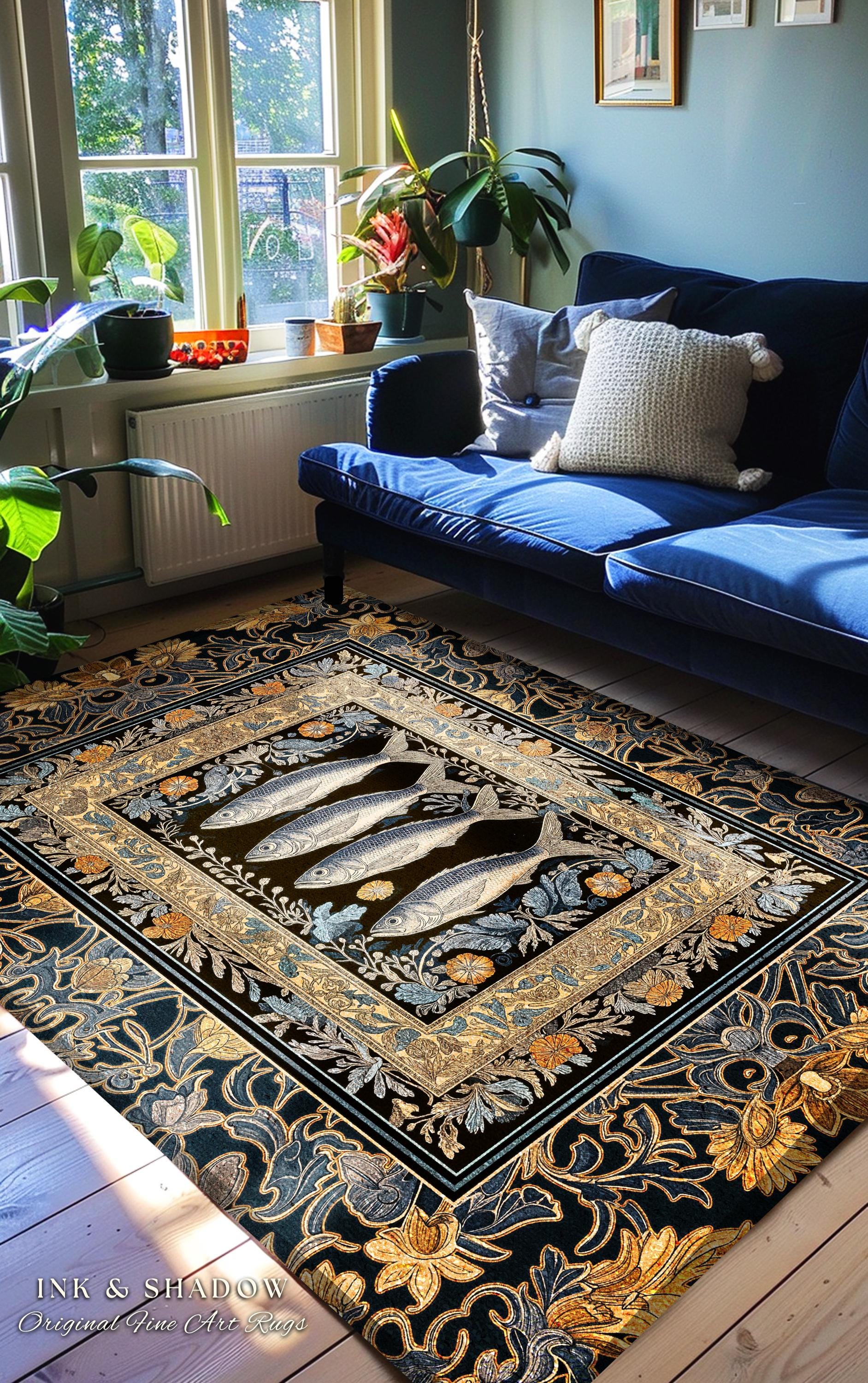Art Nouveau Nautical Sea Life Area Rug | Whimsical Ocean Sardine Fish Rug Coastal Dark Academia Rustic Cottagecore Beach Home Decor Ornate |