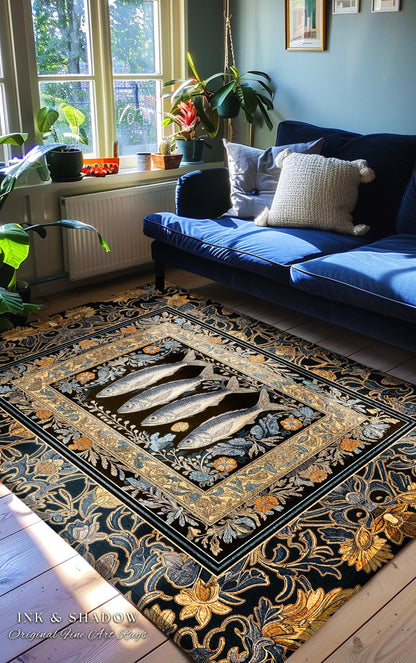 Art Nouveau Nautical Sea Life Area Rug | Whimsical Ocean Sardine Fish Rug Coastal Dark Academia Rustic Cottagecore Beach Home Decor Ornate |