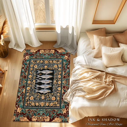 Ethereal Medieval Maritime Fish Area Rug | Antique Sardine Art Coastal Cottagecore Nautical Botanical Ocean Decor Vintage Sea Accent Rug |