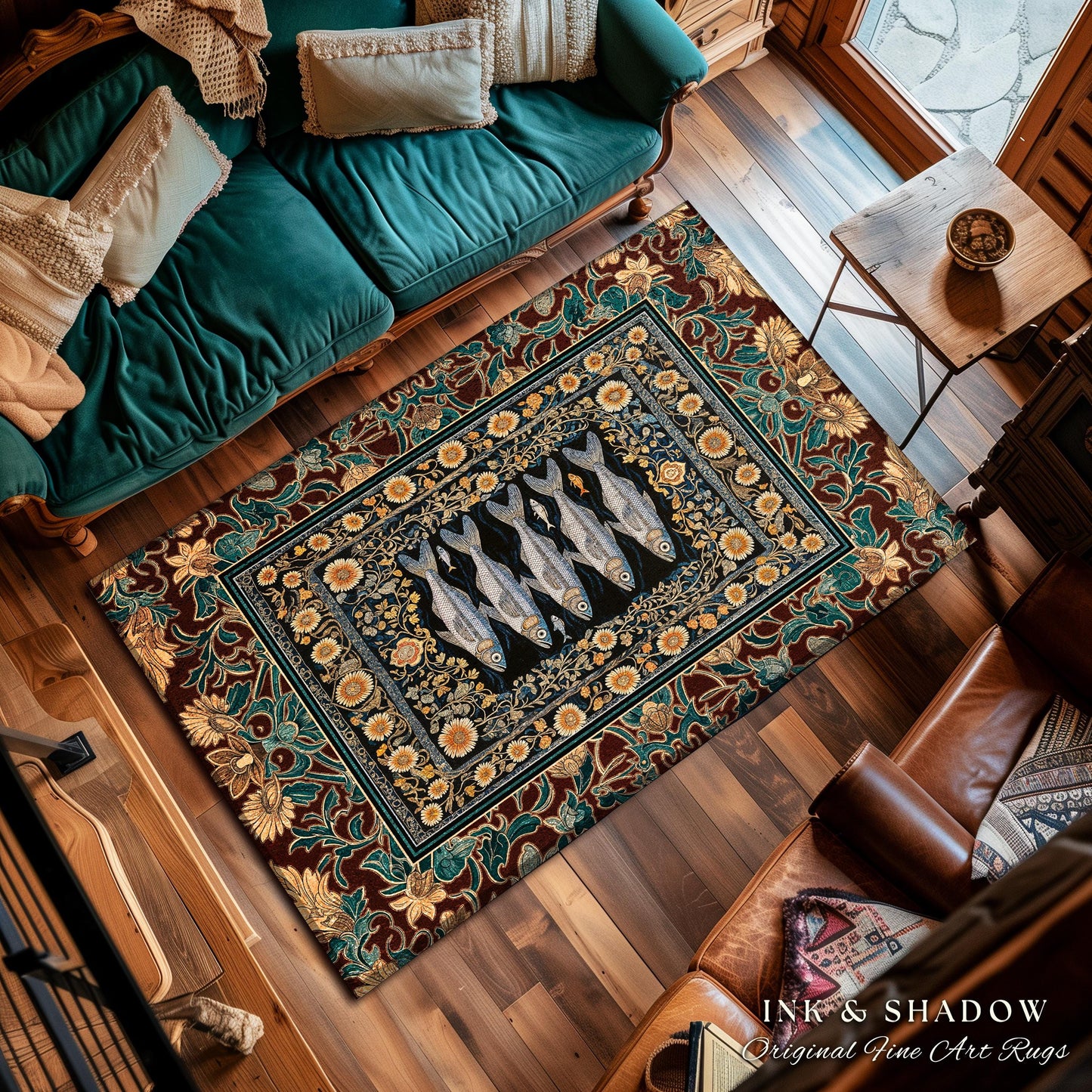 Ethereal Medieval Maritime Fish Area Rug | Antique Sardine Art Coastal Cottagecore Nautical Botanical Ocean Decor Vintage Sea Accent Rug |
