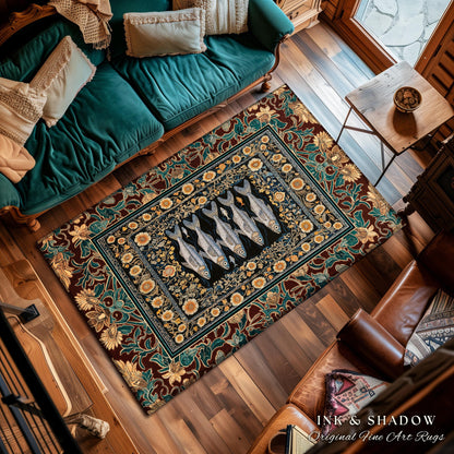 Ethereal Medieval Maritime Fish Area Rug | Antique Sardine Art Coastal Cottagecore Nautical Botanical Ocean Decor Vintage Sea Accent Rug |