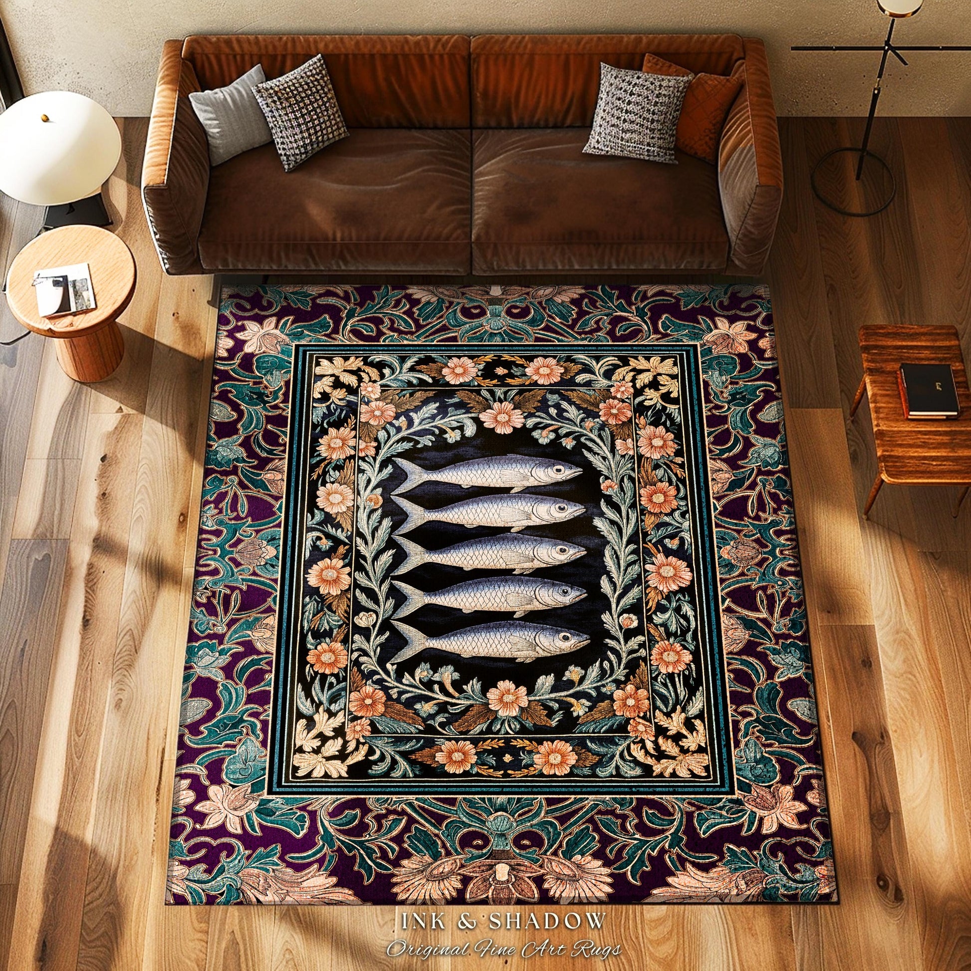 Baroque Ocean Fish Sardine Art Rug | Ornate Coastal Surf Floral Cottagecore Dark Nautical Academia Vintage Marine Sea Life Home Accent Boho