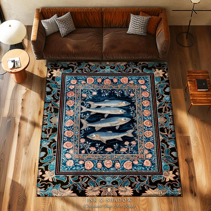 Marine Life Nautical Area Rug | Mystic Gothic Fish Art Beach Cottage Decor Coastal Ocean Rustic Academia Dark Sea Life Home Accent Beachy