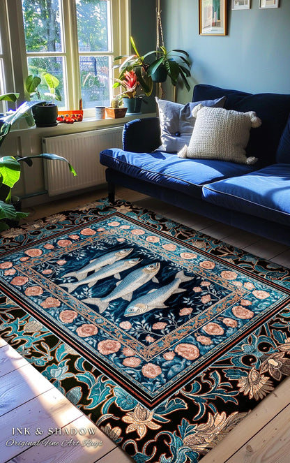 Marine Life Nautical Area Rug | Mystic Gothic Fish Art Beach Cottage Decor Coastal Ocean Rustic Academia Dark Sea Life Home Accent Beachy