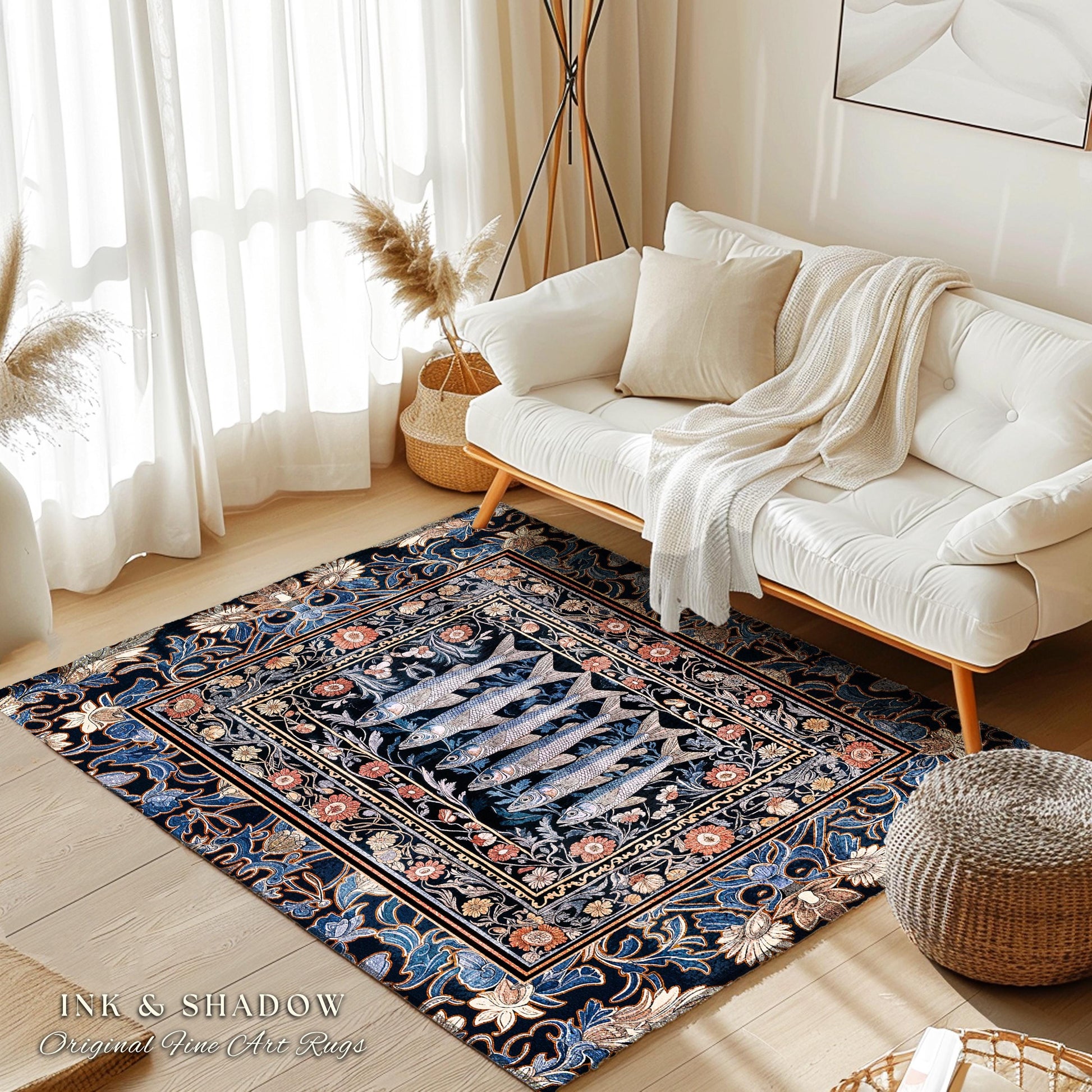Enchanted Ocean Sardine Fish Rug | Nautical Whimsigothic Coastal Beach Decor Nordic Marine Underwater Floral Folk Art Sea Life Home Accent |
