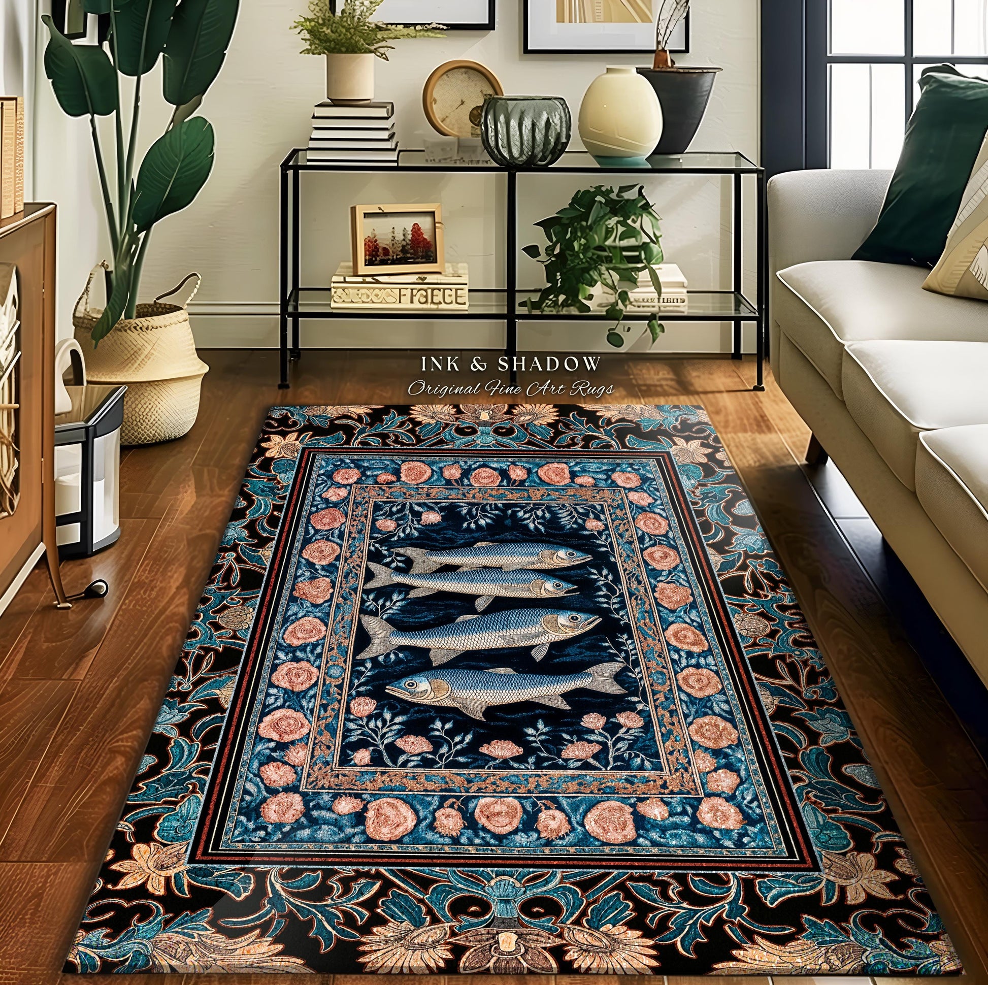 Marine Life Nautical Area Rug | Mystic Gothic Fish Art Beach Cottage Decor Coastal Ocean Rustic Academia Dark Sea Life Home Accent Beachy