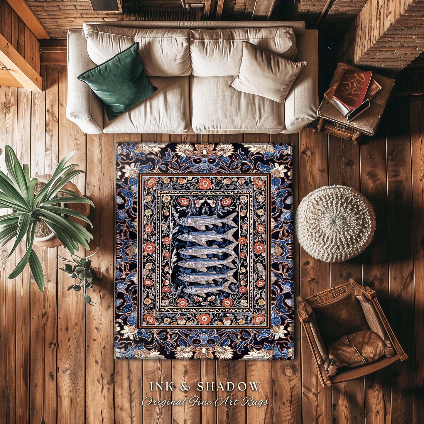 Enchanted Ocean Sardine Fish Rug | Nautical Whimsy Coastal Beach Decor Nordic Marine Underwater Floral Folk Floor Art Sea Life Home Accent