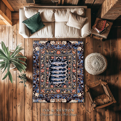 Enchanted Ocean Sardine Fish Rug | Nautical Whimsy Coastal Beach Decor Nordic Marine Underwater Floral Folk Floor Art Sea Life Home Accent