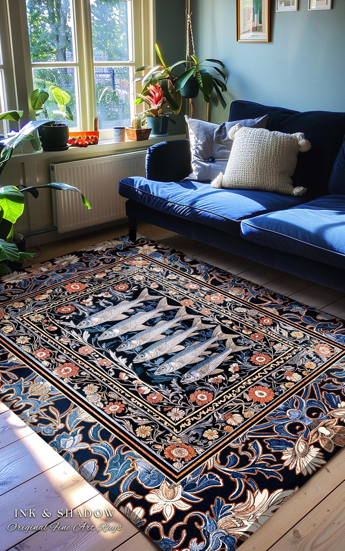 Enchanted Ocean Sardine Fish Rug | Nautical Whimsy Coastal Beach Decor Nordic Marine Underwater Floral Folk Floor Art Sea Life Home Accent