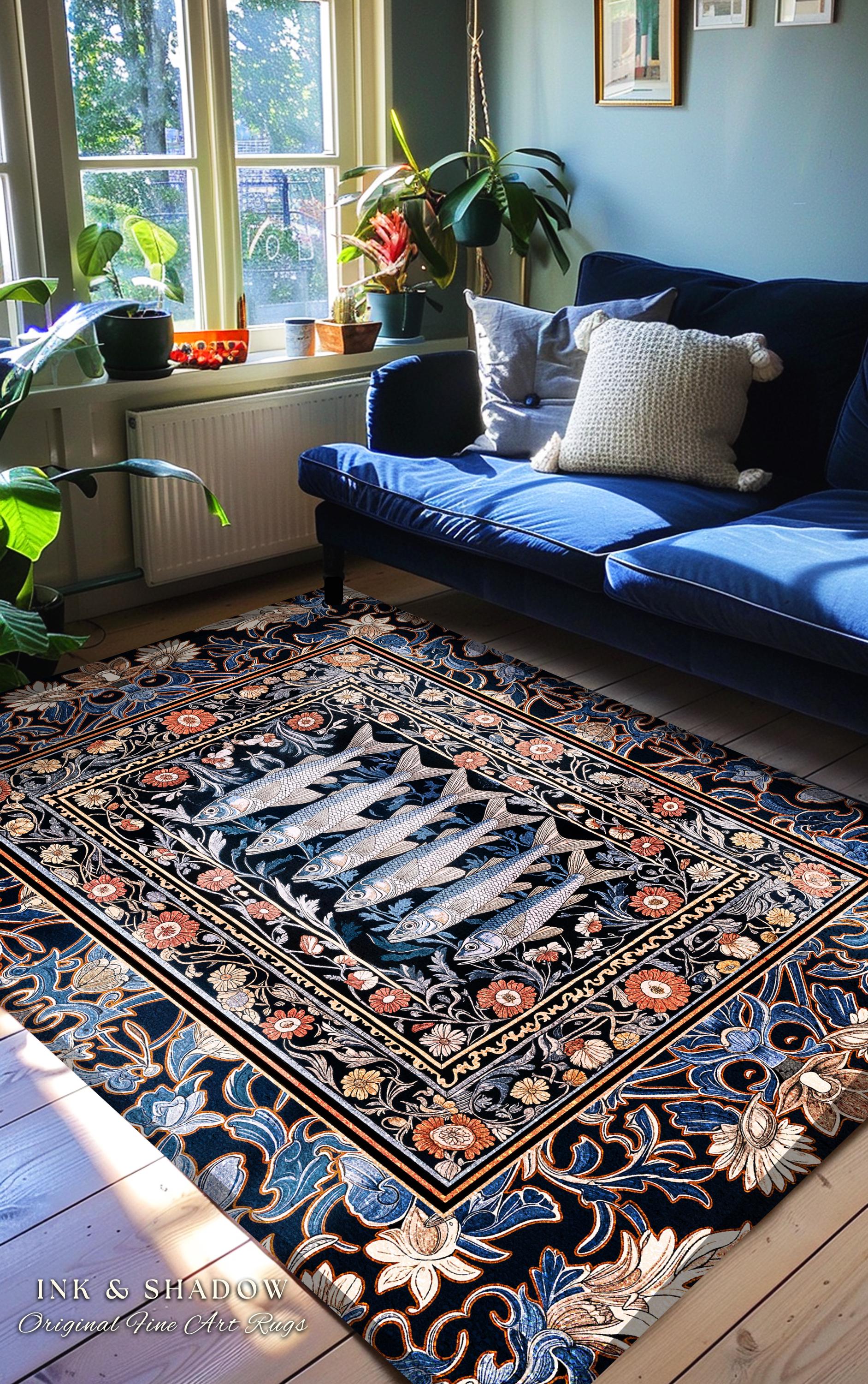 Enchanted Ocean Sardine Fish Rug | Nautical Whimsy Coastal Beach Decor Nordic Marine Underwater Floral Folk Floor Art Sea Life Home Accent