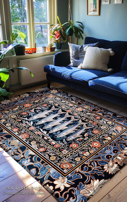 Enchanted Ocean Sardine Fish Rug | Nautical Whimsy Coastal Beach Decor Nordic Marine Underwater Floral Folk Floor Art Sea Life Home Accent