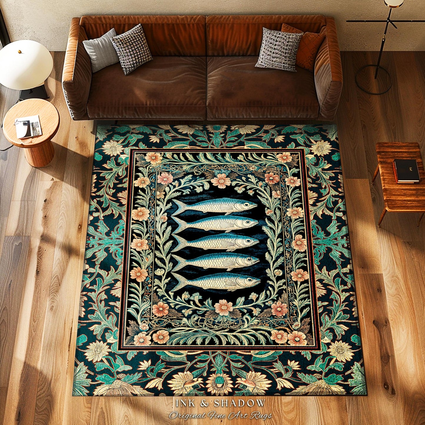 Mystical Floral Underwater Fish Rug | Antique Sardine Art Ocean Decor Coastal Beach Home Accent Rustic Marine Cottagecore Nautical Beach Art