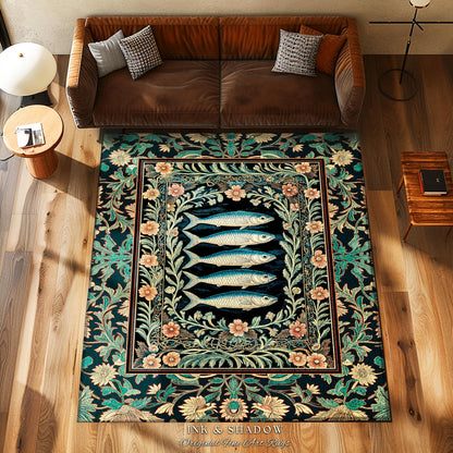 Mystical Floral Underwater Fish Rug | Antique Sardine Art Ocean Decor Coastal Beach Home Accent Rustic Marine Cottagecore Nautical Beach Art