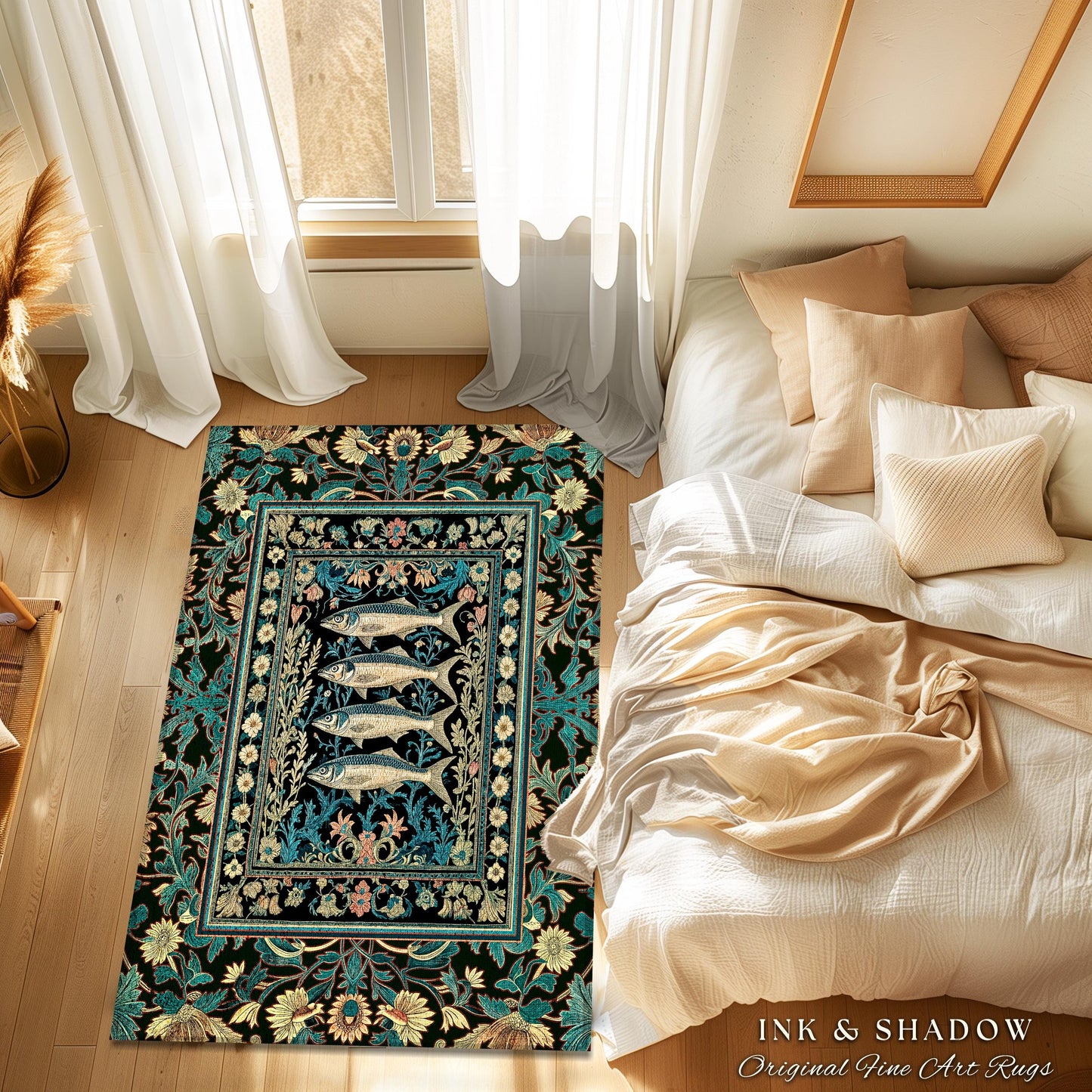 Dark Academia Fish Area Rug | Coastal Enchanted Marine Sardine Art Decor Vintage Nautical Whimsigothic Beach Cottagecore Rustic Home Accent