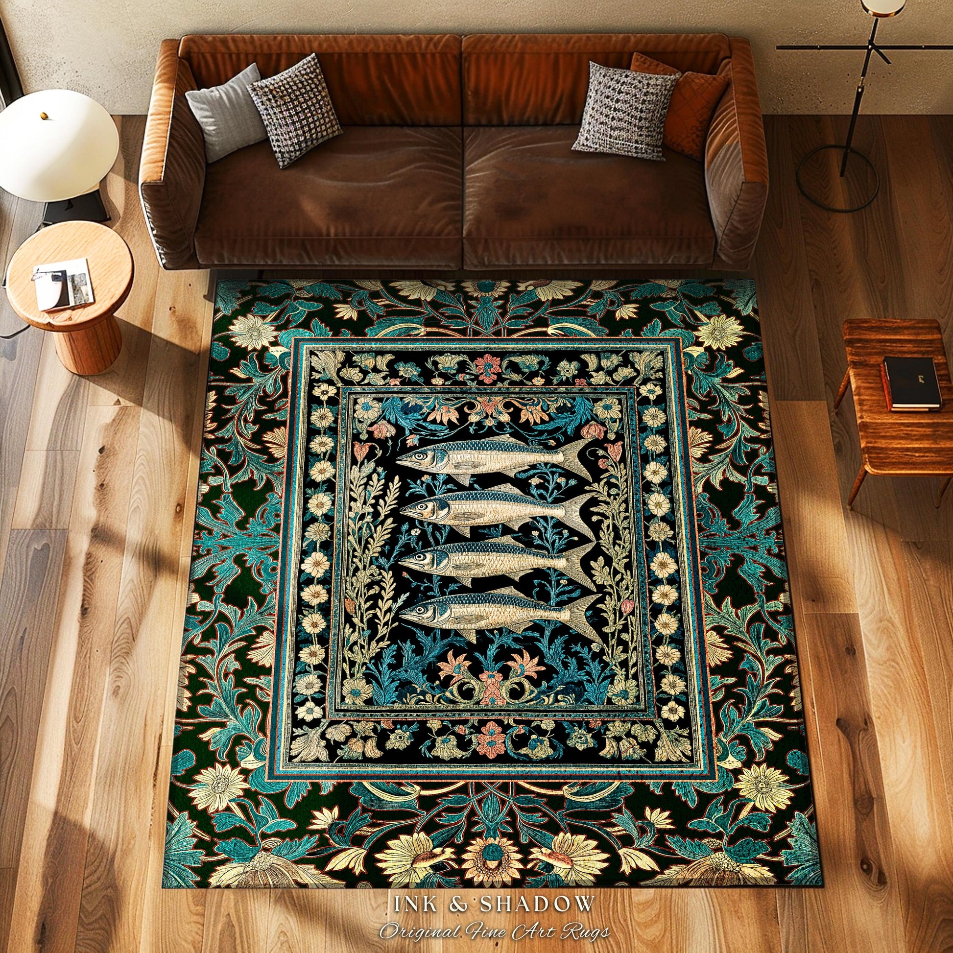 Dark Academia Fish Area Rug | Coastal Enchanted Marine Sardine Art Decor Vintage Nautical Whimsigothic Beach Cottagecore Rustic Home Accent