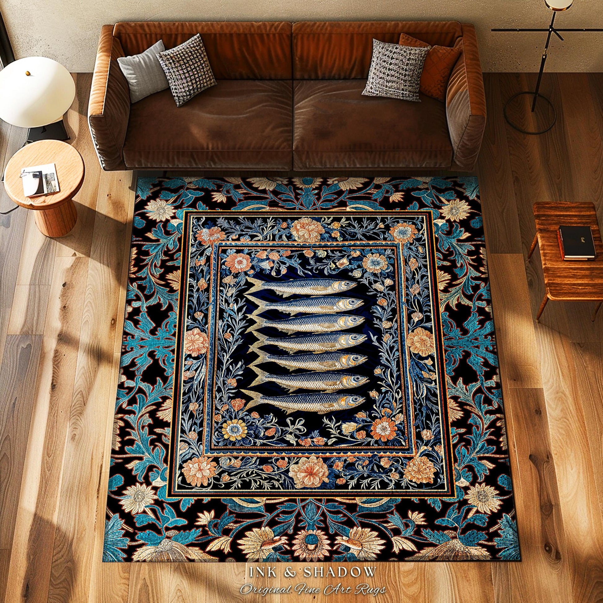 Fairycore Coastal Fish Art Sardine Sea Rug Nordic Nautical Beach Decor | Boho Marine Floral Cottagecore Ocean Underwater Area Rug Baroque |