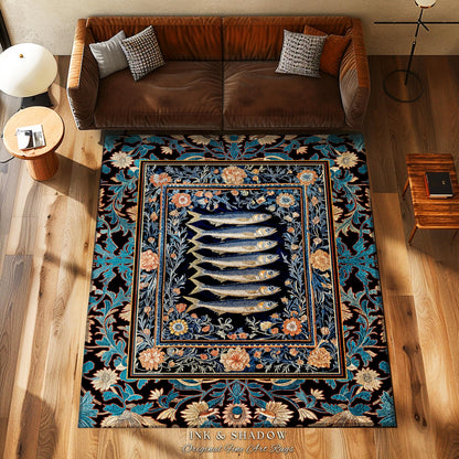 Fairycore Coastal Fish Art Sardine Sea Rug Nordic Nautical Beach Decor | Boho Marine Floral Cottagecore Ocean Underwater Area Rug Baroque |