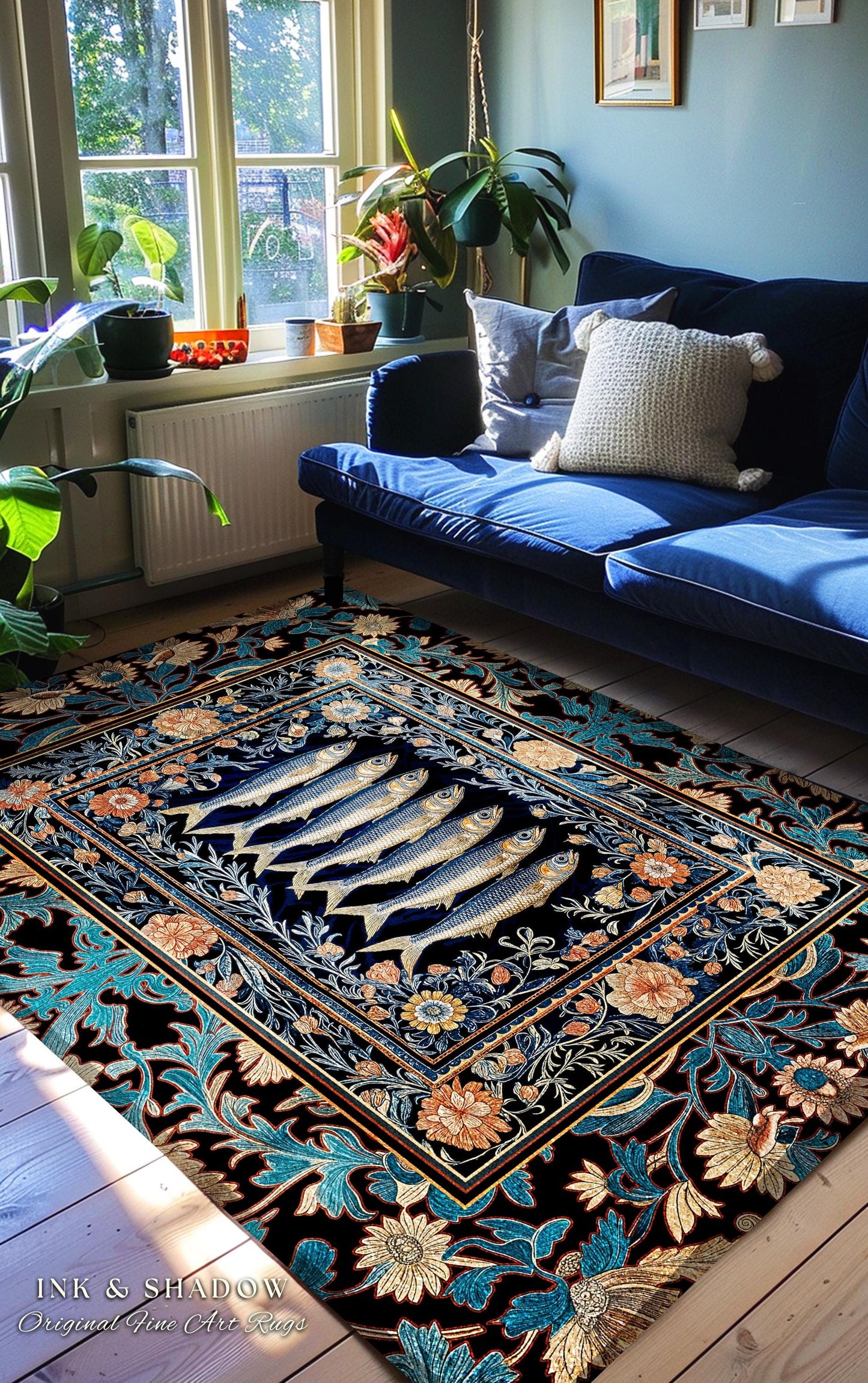 Fairycore Coastal Fish Art Sardine Sea Rug Nordic Nautical Beach Decor | Boho Marine Floral Cottagecore Ocean Underwater Area Rug Baroque |