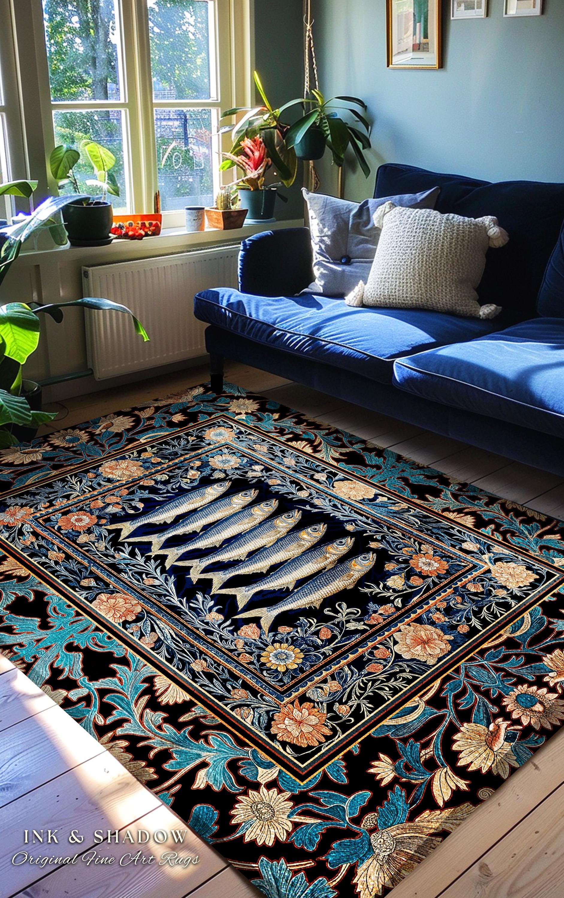 Fairycore Coastal Fish Art Sardine Sea Rug Nordic Nautical Beach Decor | Boho Marine Floral Cottagecore Ocean Underwater Area Rug Baroque |