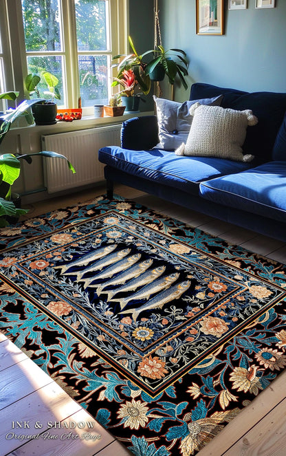 Fairycore Coastal Fish Art Sardine Sea Rug Nordic Nautical Beach Decor | Boho Marine Floral Cottagecore Ocean Underwater Area Rug Baroque |
