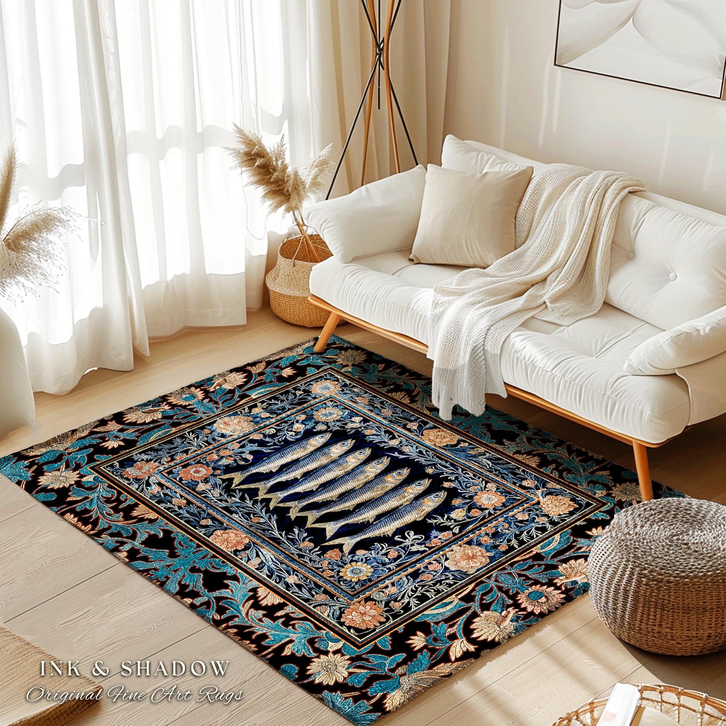 Fairycore Coastal Fish Art Sardine Sea Rug Nordic Nautical Beach Decor | Boho Marine Floral Cottagecore Ocean Underwater Area Rug Baroque |