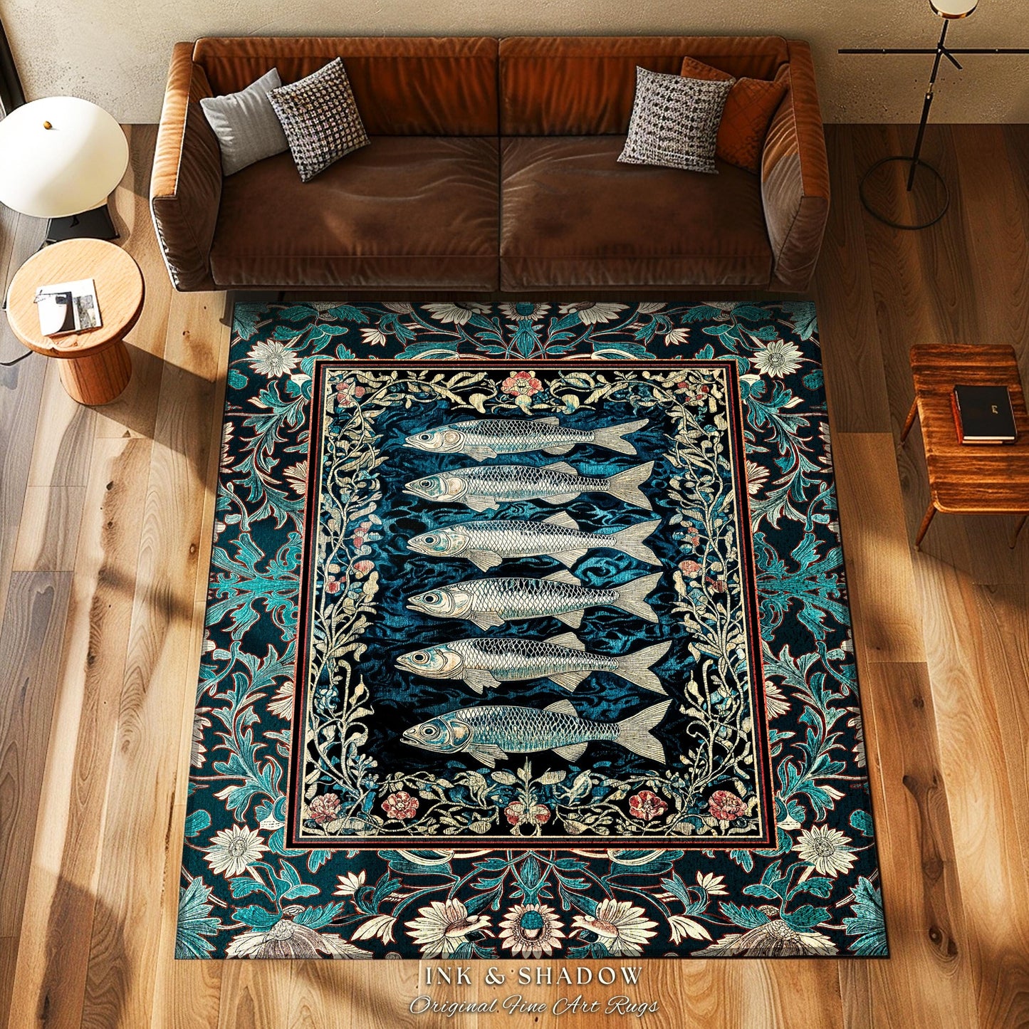 Bohemian Whimsy Sardine Area Rug | Coastal Ocean Academia Decor Fairy Grunge Cottagecore Sealife Marine Rustic Fish Beach House Accent Boho