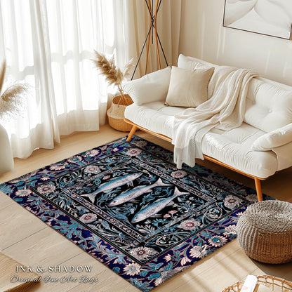 Scandi Nautical Sardine Art Area Rug | Dark Academia Marine Ocean Fish Decor Coastal Nordic Beach Home Rustic Sea Cottagecore Home Accent |