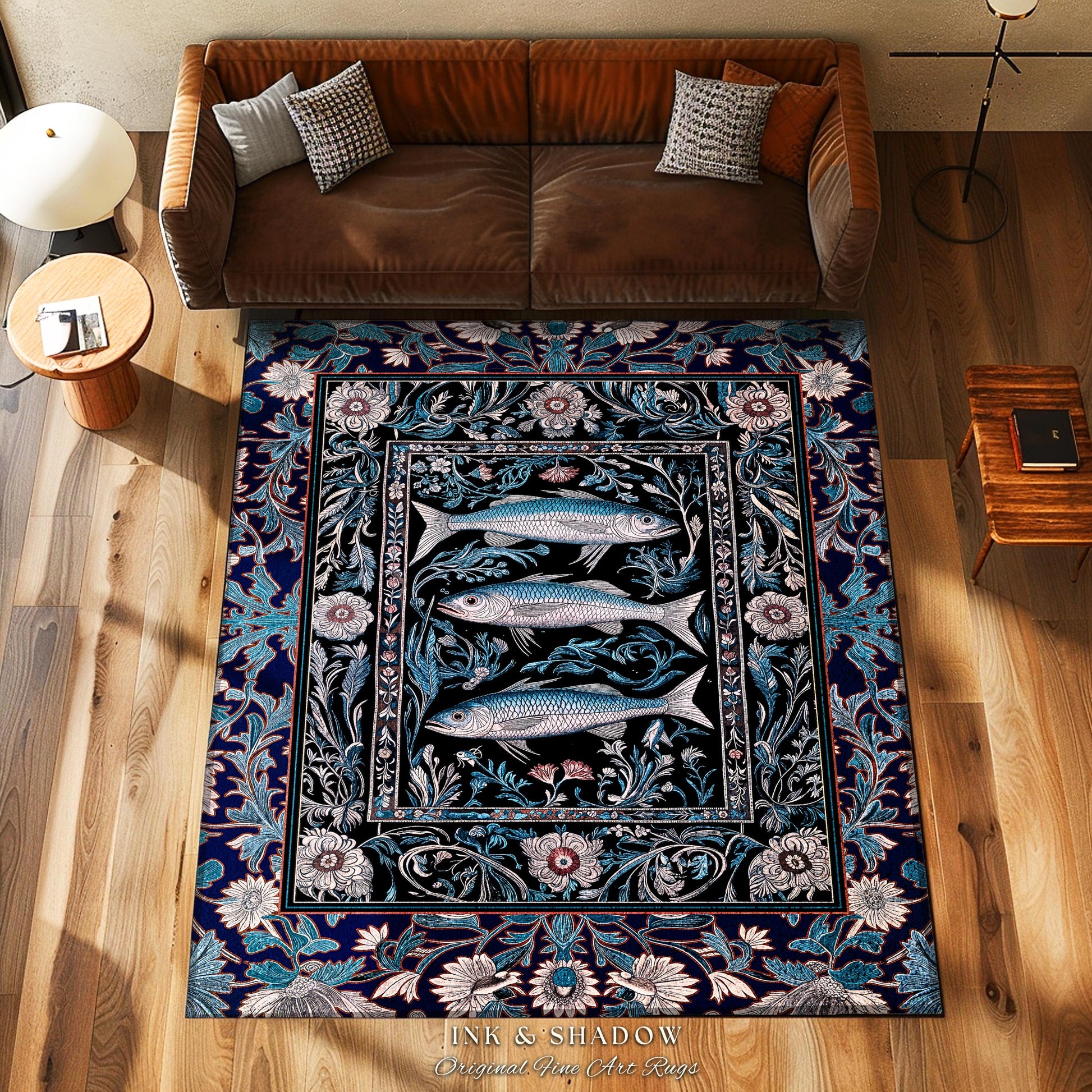 Scandi Nautical Sardine Art Area Rug | Dark Academia Marine Ocean Fish Decor Coastal Nordic Beach Home Rustic Sea Cottagecore Home Accent |