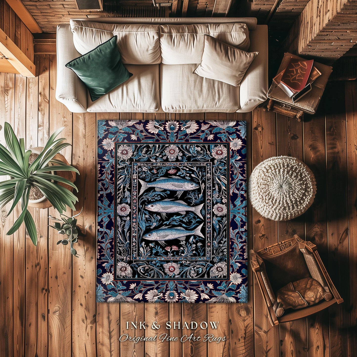 Scandi Nautical Sardine Art Area Rug | Dark Academia Marine Ocean Fish Decor Coastal Nordic Beach Home Rustic Sea Cottagecore Home Accent |