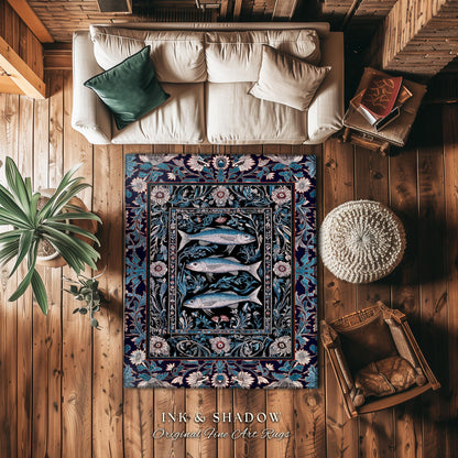 Scandi Nautical Sardine Art Area Rug | Dark Academia Marine Ocean Fish Decor Coastal Nordic Beach Home Rustic Sea Cottagecore Home Accent |