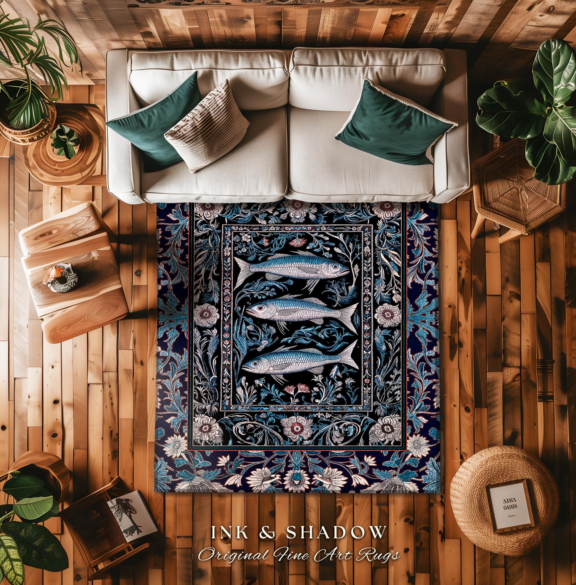 Scandi Nautical Sardine Art Area Rug | Dark Academia Marine Ocean Fish Decor Coastal Nordic Beach Home Rustic Sea Cottagecore Home Accent |