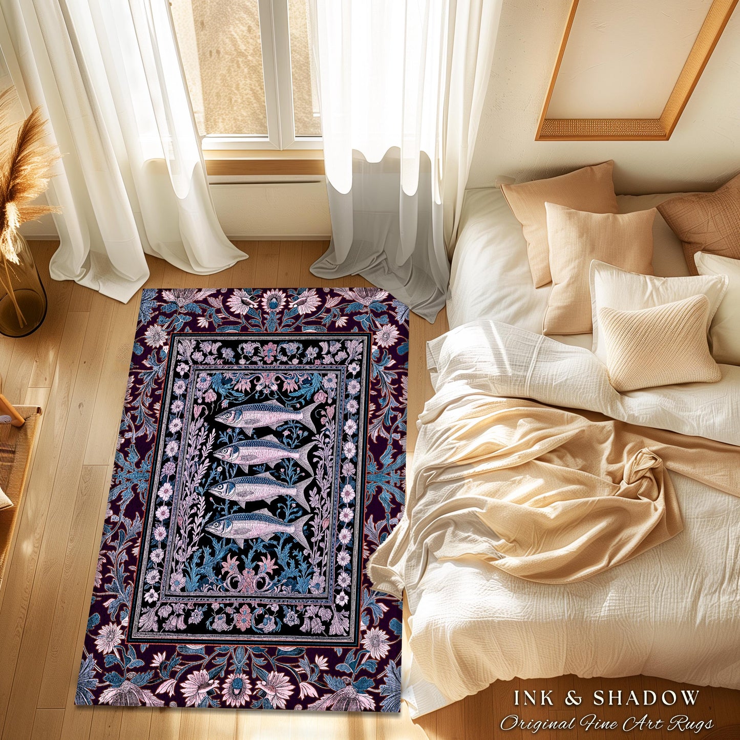 Sardine Area Rug Nautical Room Decor | Marine Life Home Accent Cozy Tapestry Coastal Underwater Design Ocean Inspired Cottagecore Style |