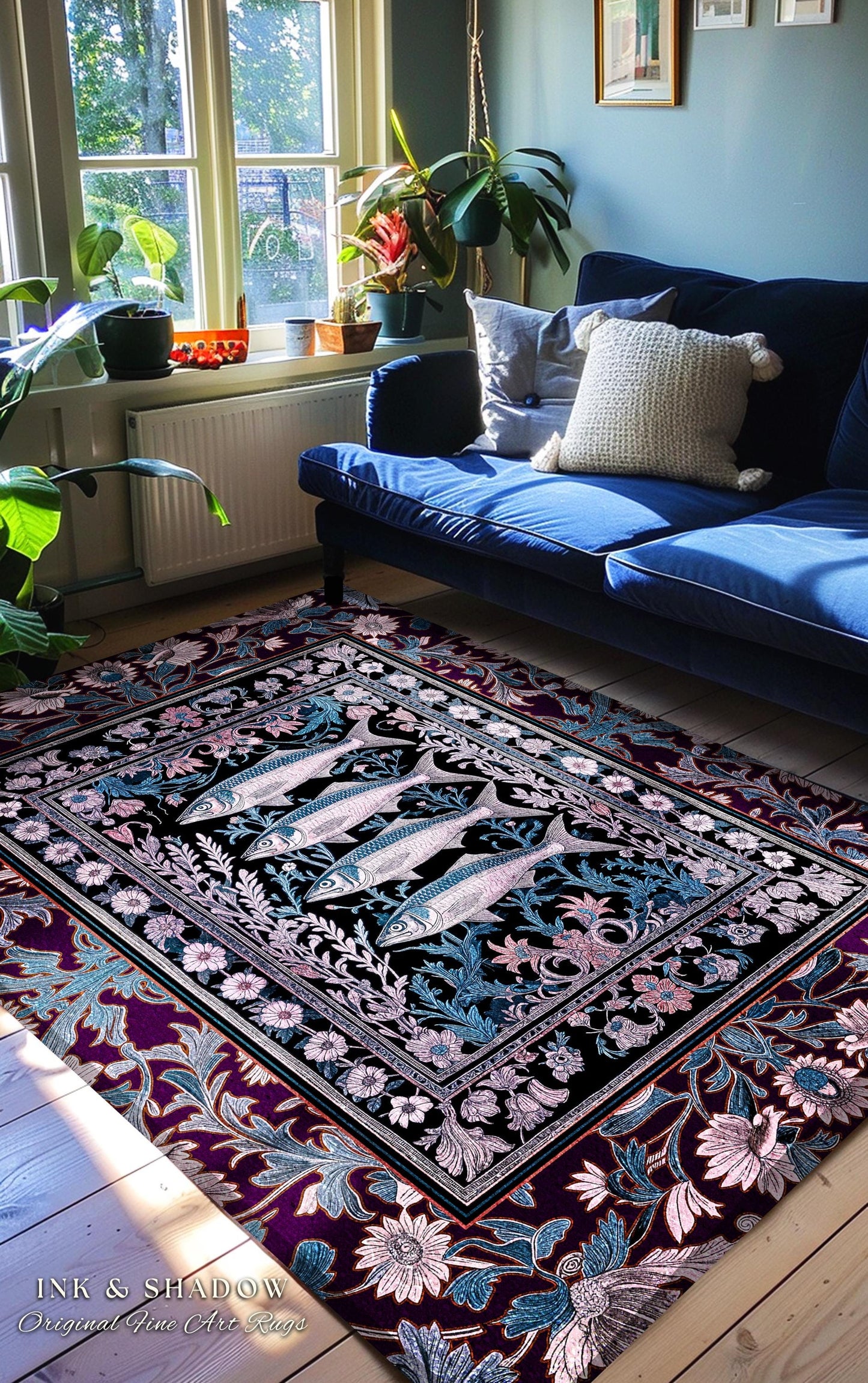 Sardine Area Rug Nautical Room Decor | Marine Life Home Accent Cozy Tapestry Coastal Underwater Design Ocean Inspired Cottagecore Style |