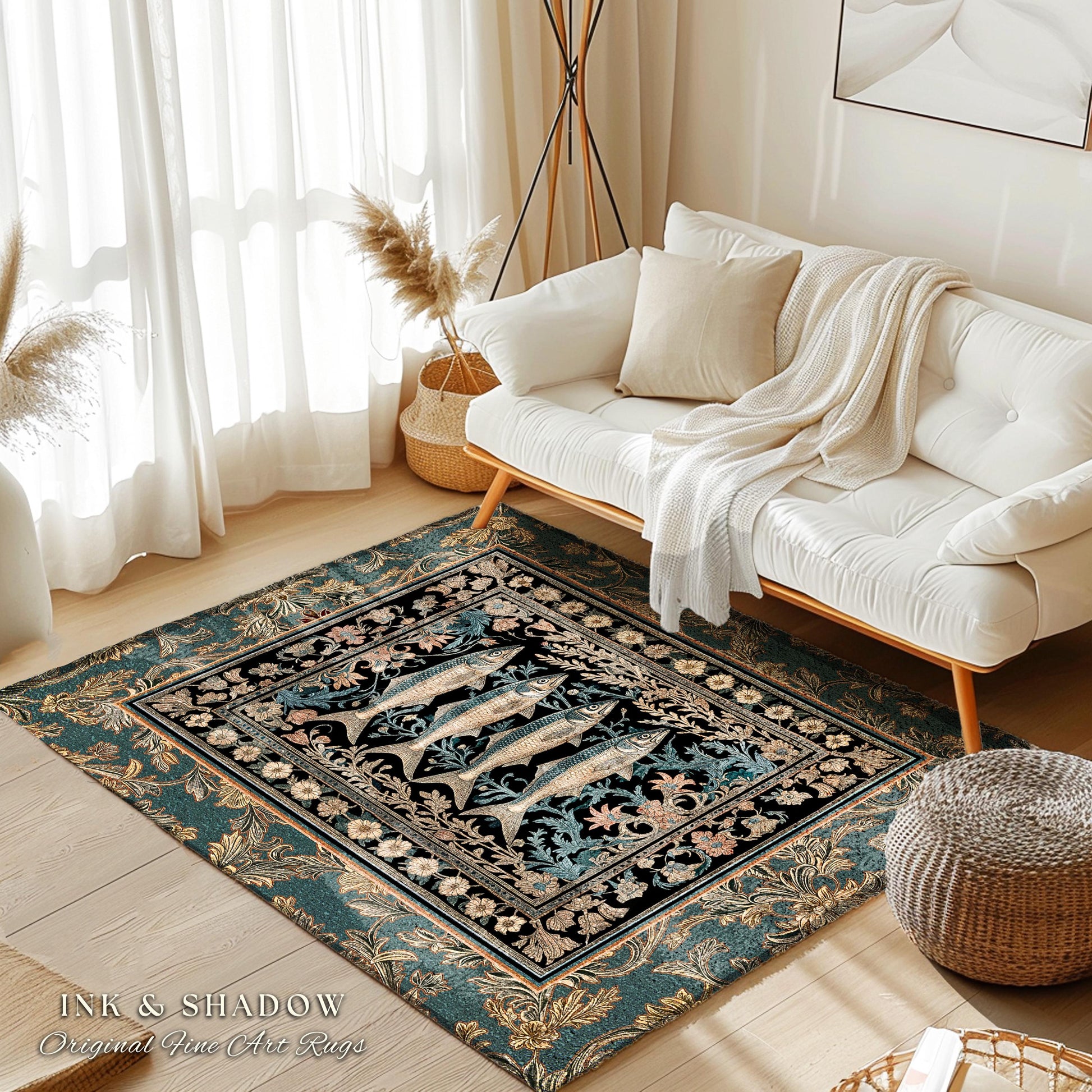 Rustic Nautical Eclectic Accent Rug | Sardine Art Throw Marine Life Decor Coastal Bedroom Area Rug Ocean Scene Ethereal Ornate Cottagecore