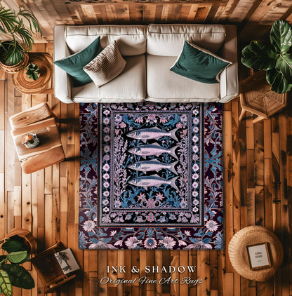 Sardine Area Rug Nautical Room Decor | Marine Life Home Accent Cozy Tapestry Coastal Underwater Design Ocean Inspired Cottagecore Style |