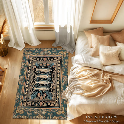 Rustic Nautical Eclectic Accent Rug | Sardine Art Throw Marine Life Decor Coastal Bedroom Area Rug Ocean Scene Ethereal Ornate Cottagecore