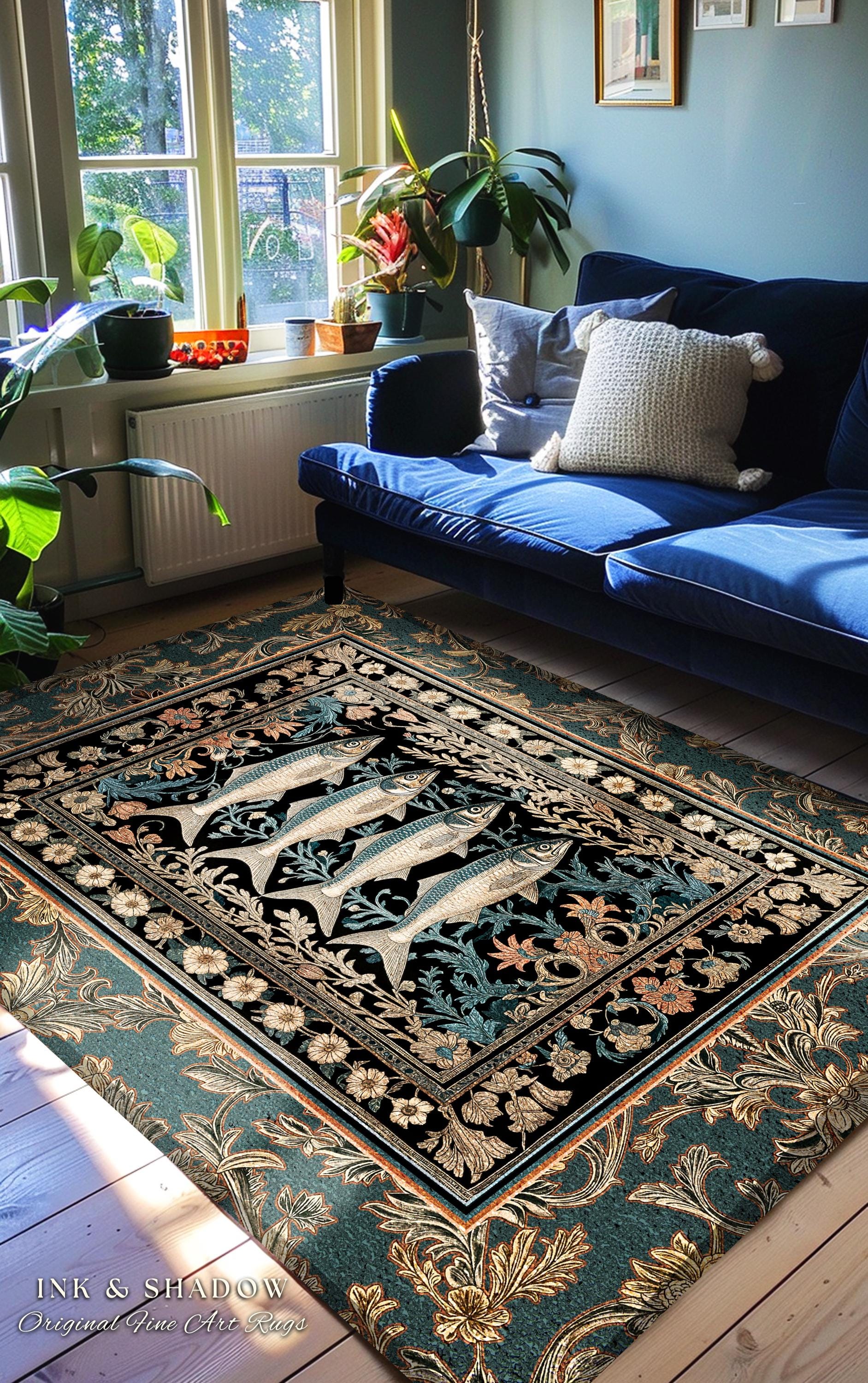 Rustic Nautical Eclectic Accent Rug | Sardine Art Throw Marine Life Decor Coastal Bedroom Area Rug Ocean Scene Ethereal Ornate Cottagecore