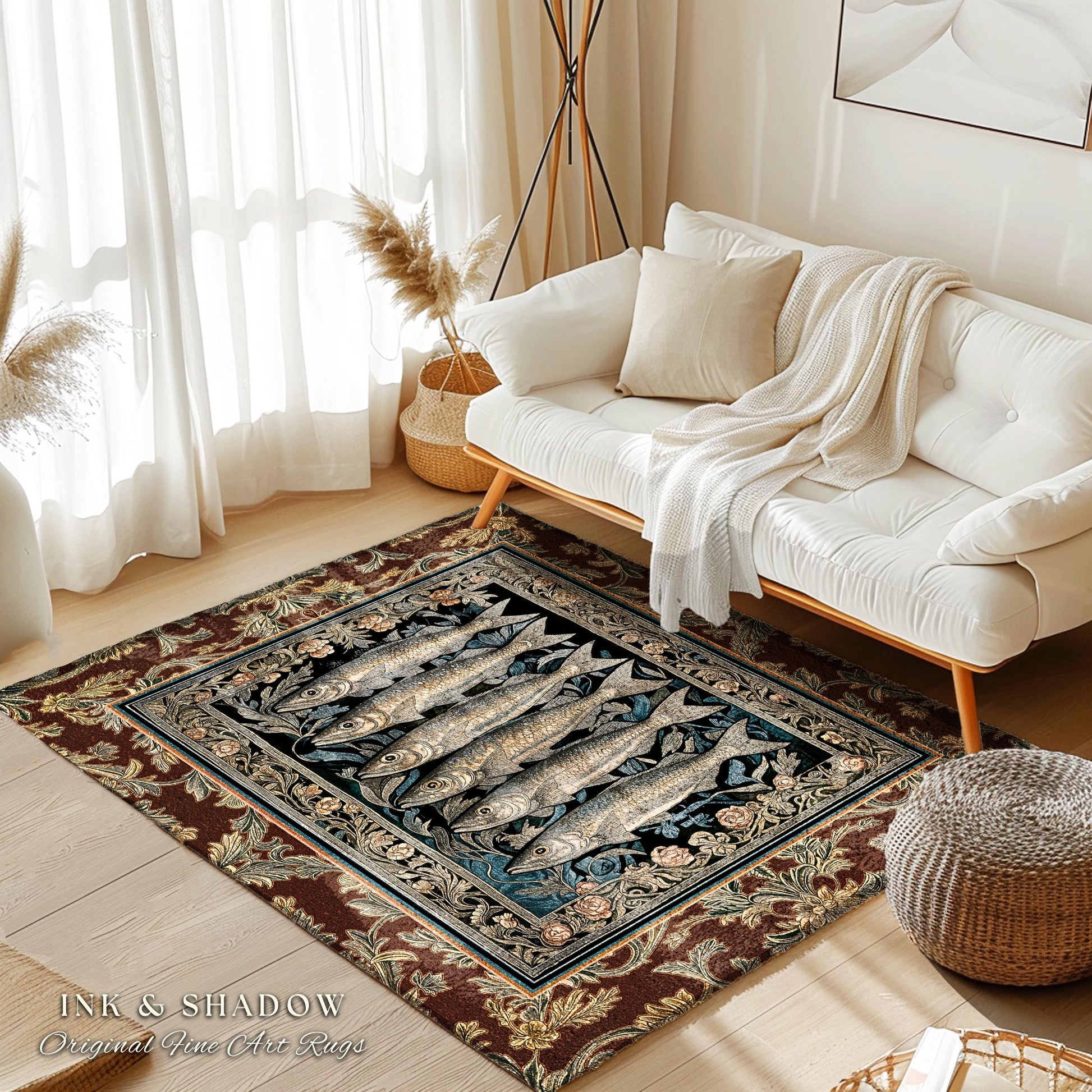 Elegant Nautical Ornate Sardine Area Rug | Nautical Style Marine Life Decor Coastal Bedroom Ocean Inspired Design Home Accent Cottagecore