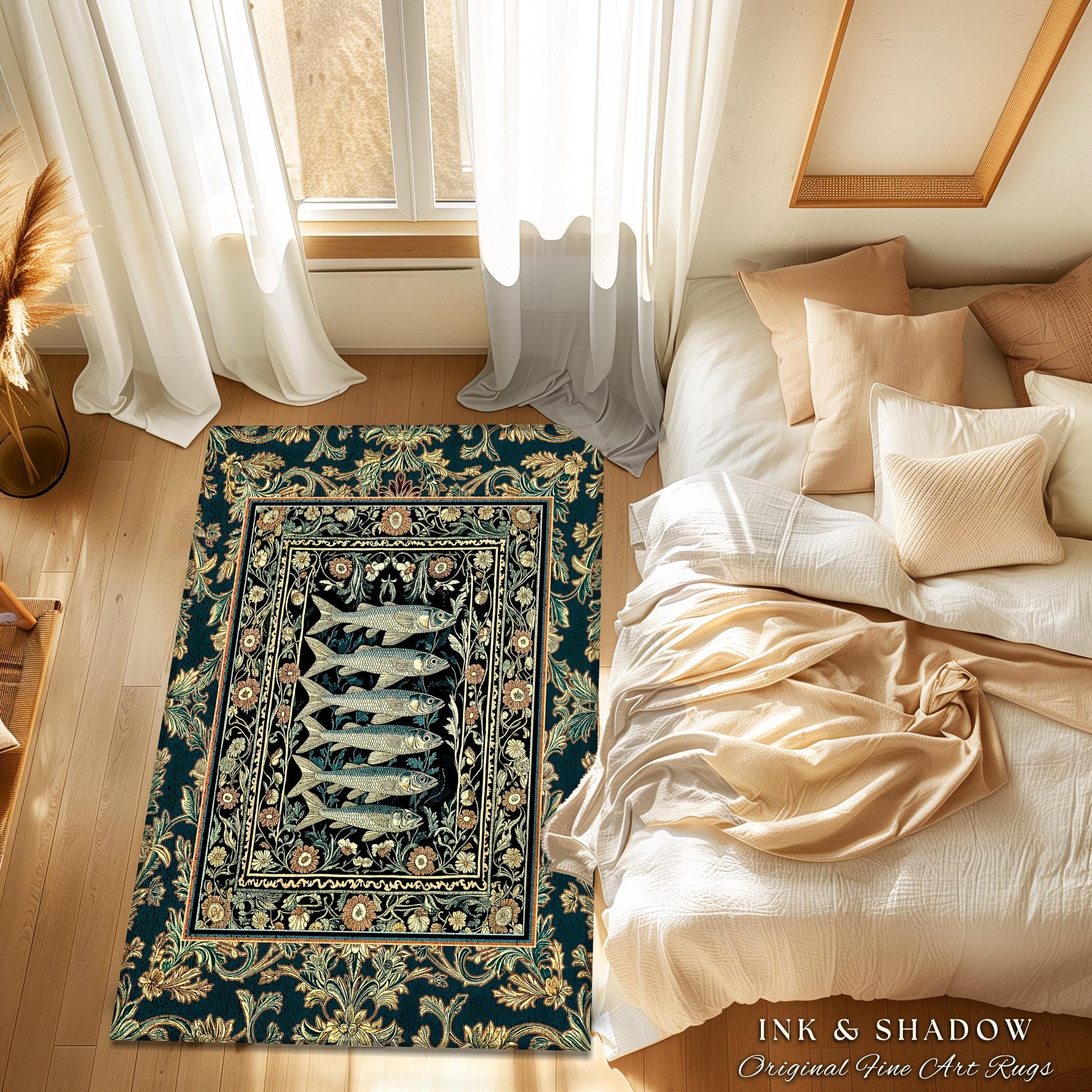 Oceancore Cozy Accent Rug Sardine | Indie Nautical Bedroom Marine Life Art Vintage Coastal Decor Under the Sea Scene Cottagecore Ornate |