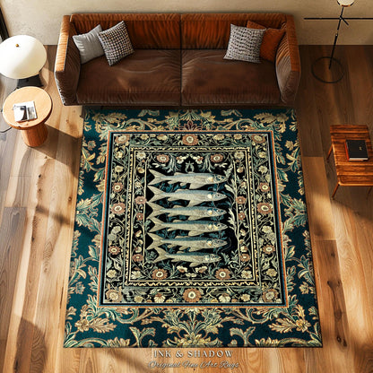 Oceancore Cozy Accent Rug Sardine | Indie Nautical Bedroom Marine Life Art Vintage Coastal Decor Under the Sea Scene Cottagecore Ornate |