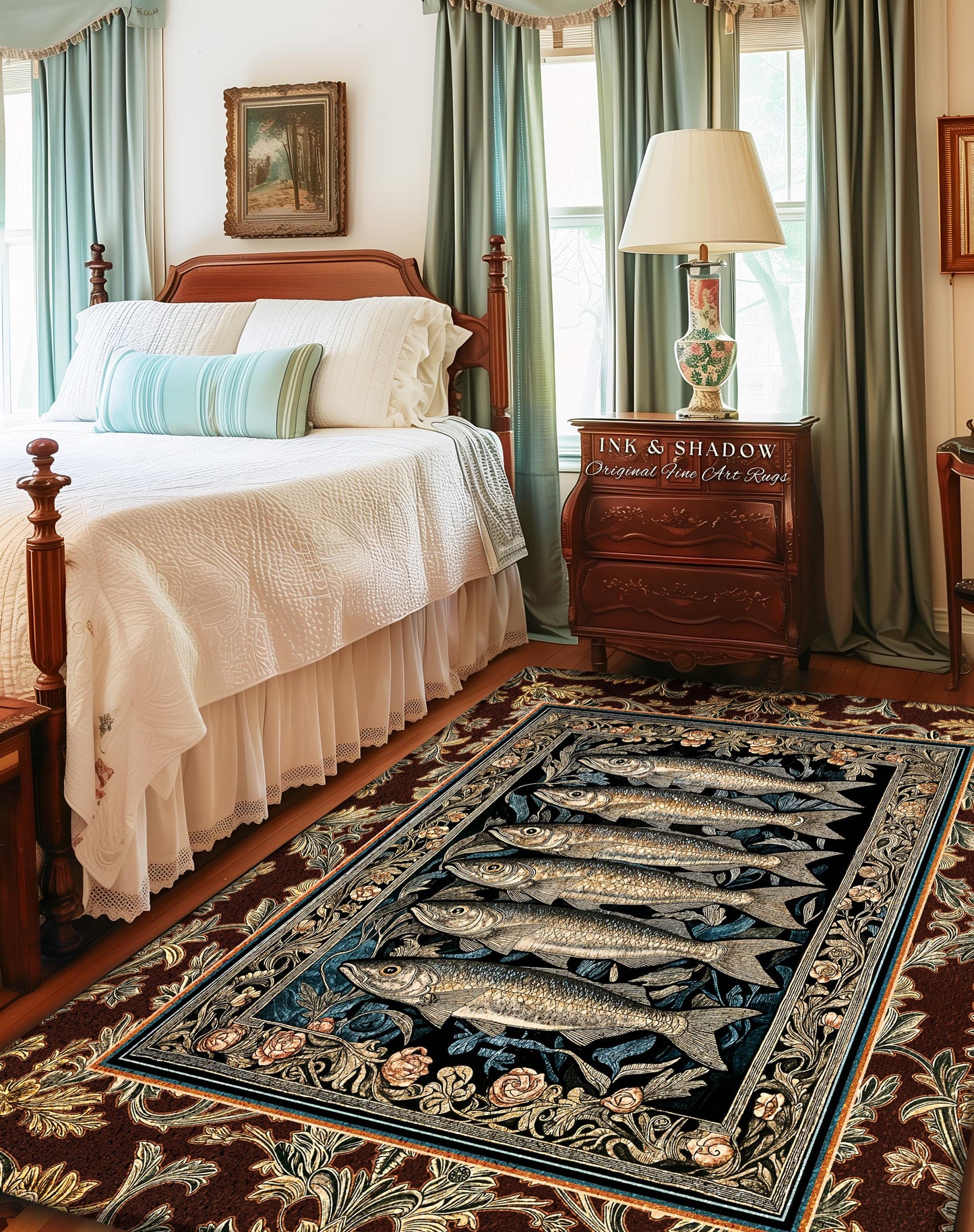 Elegant Nautical Ornate Sardine Area Rug | Nautical Style Marine Life Decor Coastal Bedroom Ocean Inspired Design Home Accent Cottagecore